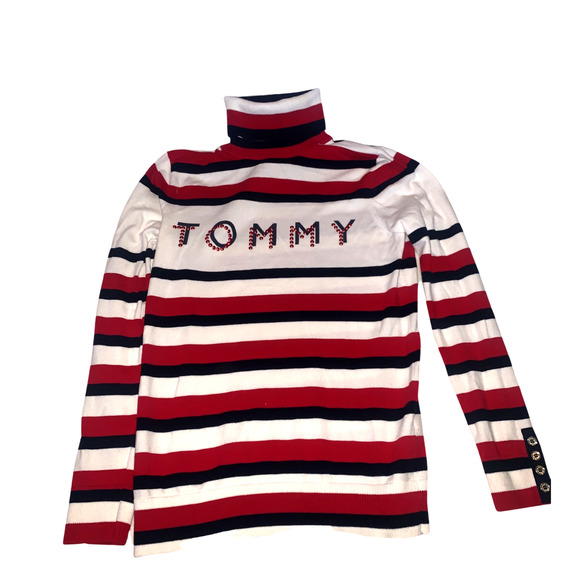 NWOT Tommy Hilfiger Blue, Red, and White Striped Jeweled Turtle-Neck Sweater - Picture 3 of 5